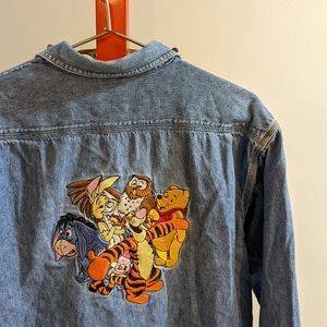 Disney Store Denim Long Sleeve Button Down Winnie The Pooh Embroidery Shirt Pins